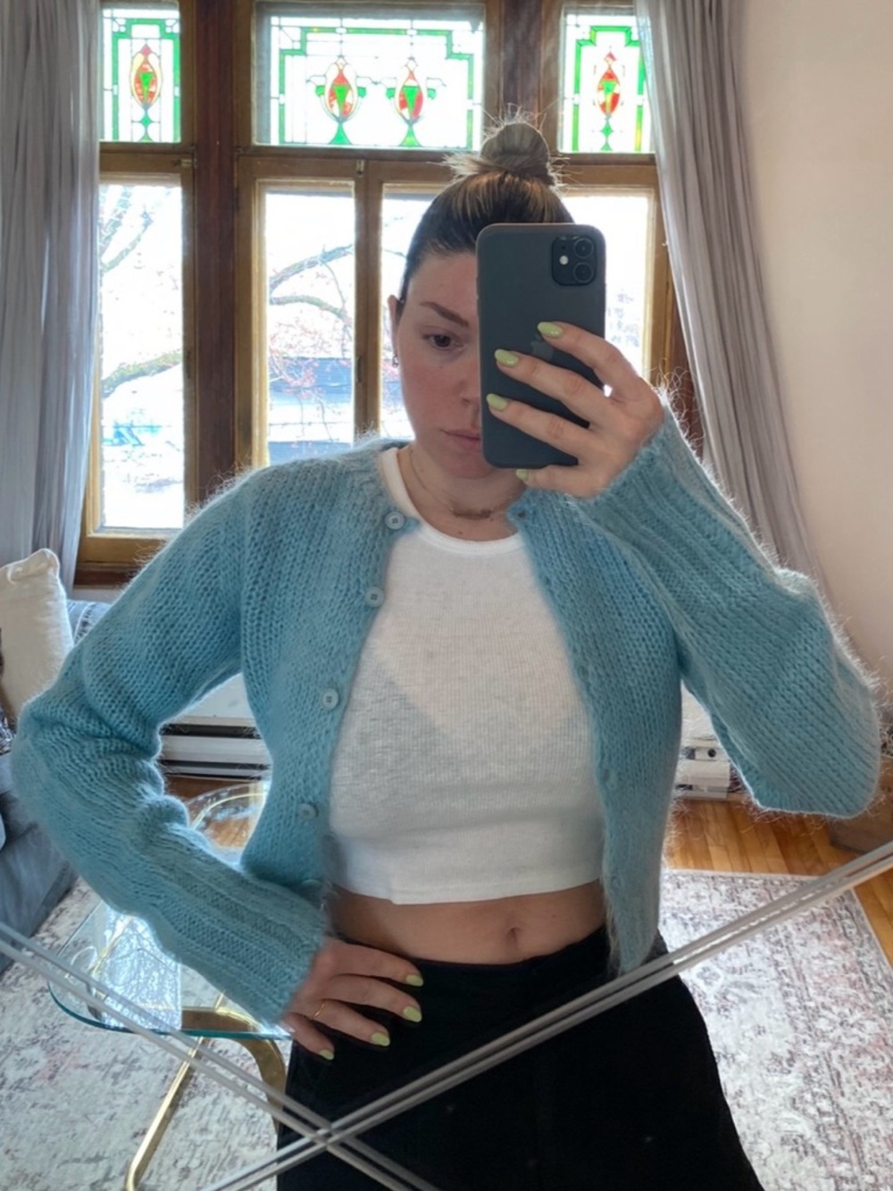 Danielle Guizio Light Blue Fuzzy Mohair Button-Front Knit Cardigan Sweater